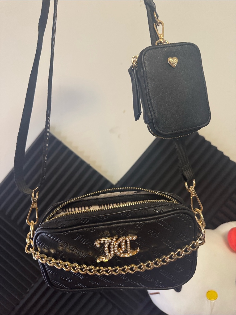Juicy Couture Black Crossbody Bag with Gold Chain and Mini Pouch